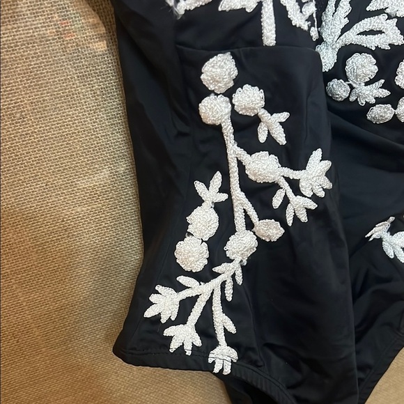 Amita Naithani black one piece swimsuit with white embroidery.  NWOT - Picture 4 of 7